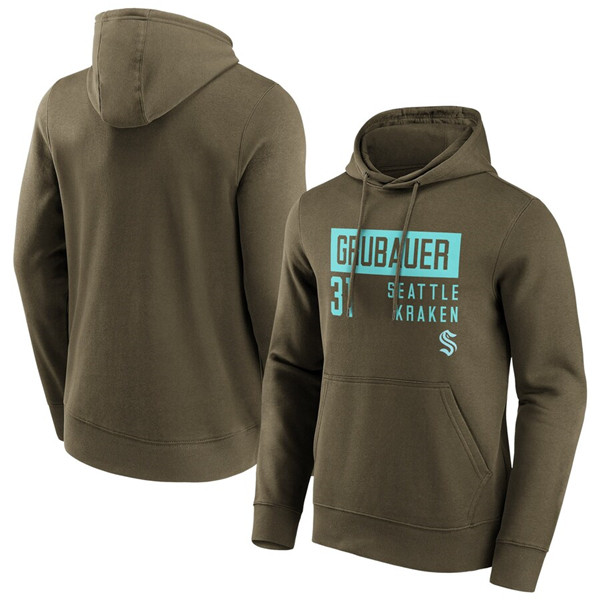 Men's Seattle Kraken #31 Philipp Grubauer Khaki Name & Number Hoodie - Click Image to Close